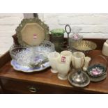 A circular scalloped Copeland blue & white platter; a set of four alabaster goblets; a pair of large