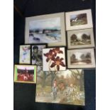 Miscellaneous prints including a Hugh Brandon-Cox water mill, hunting scenes, a floral box canvas, a