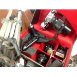 A quantity of cased Pentax camera gear including lenses, ME camera & winder, flash unit, fitted