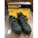 A boxed pair of DeWalt size 9 work boots with metal toe caps, padded tongues, rubber cushion