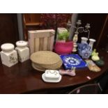 Miscellaneous items including vases, a candelabra, a boxed Ringtons plate, two blue & white