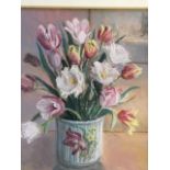 June Buchanan, pastel still life with tulips in pot, signed & dated, with Hurlingham Club label to