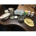 Miscellaneous ceramics including Maling, novelty teapots, Wedgwood, a set of six floral teaplates, a