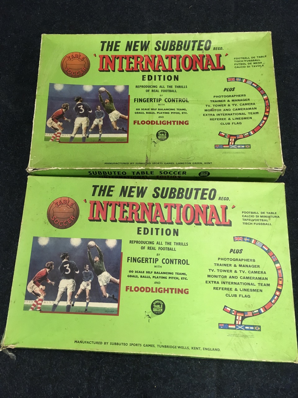 Subbuteo International Edition, two boxes with figures, cloths, goalposts, etc - incomplete. (2)