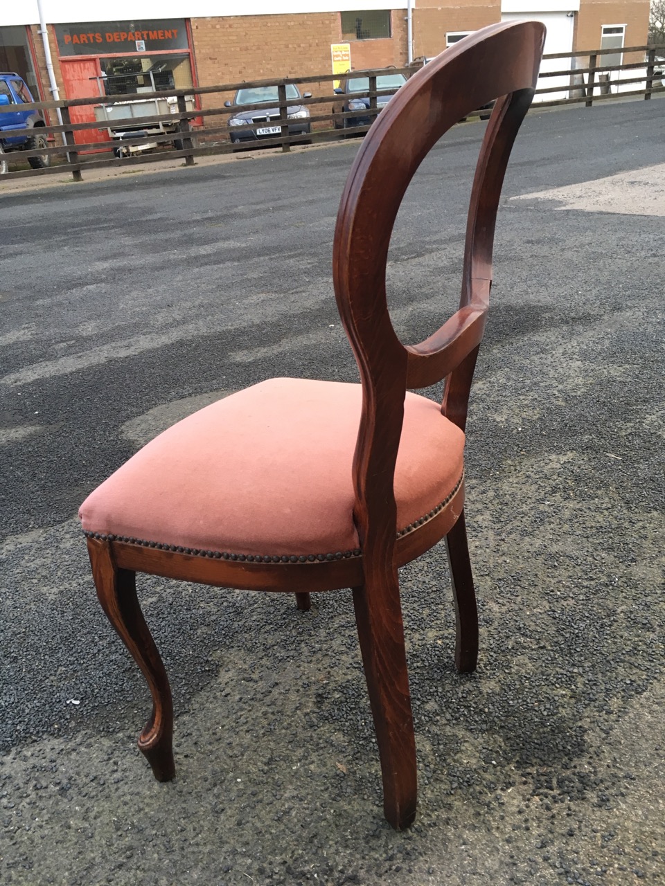 A set of four balloon back dining chairs with studded upholstered seats raised on cabriole legs. ( - Image 3 of 3