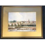 Watercolour, Berwick upon Tweed river townscape looking north, titled, mounted & framed.