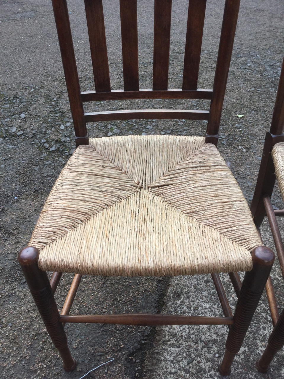 A set of three William Birch rush seated chairs, the rounded backs with slats, raised on ring-turned - Image 3 of 3