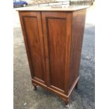 A mahogany cabinet with panelled doors enclosing shelves, raised on stub cabriole legs.