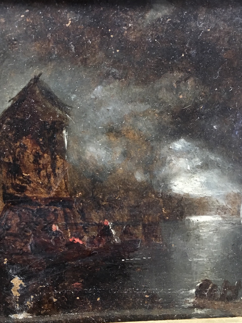 Oil on board, moonlit scene with figures in boat beneath building, in gilt frame. (5.5in x 5.25in) - Image 2 of 3