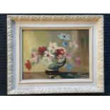 Nancie Foster, oil on board, still life with vase of flowers, signed and framed.