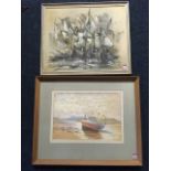 Carlos de Mijas, oil on canvas, laid on board, 60s stylised sailing boats, signed & framed; and an