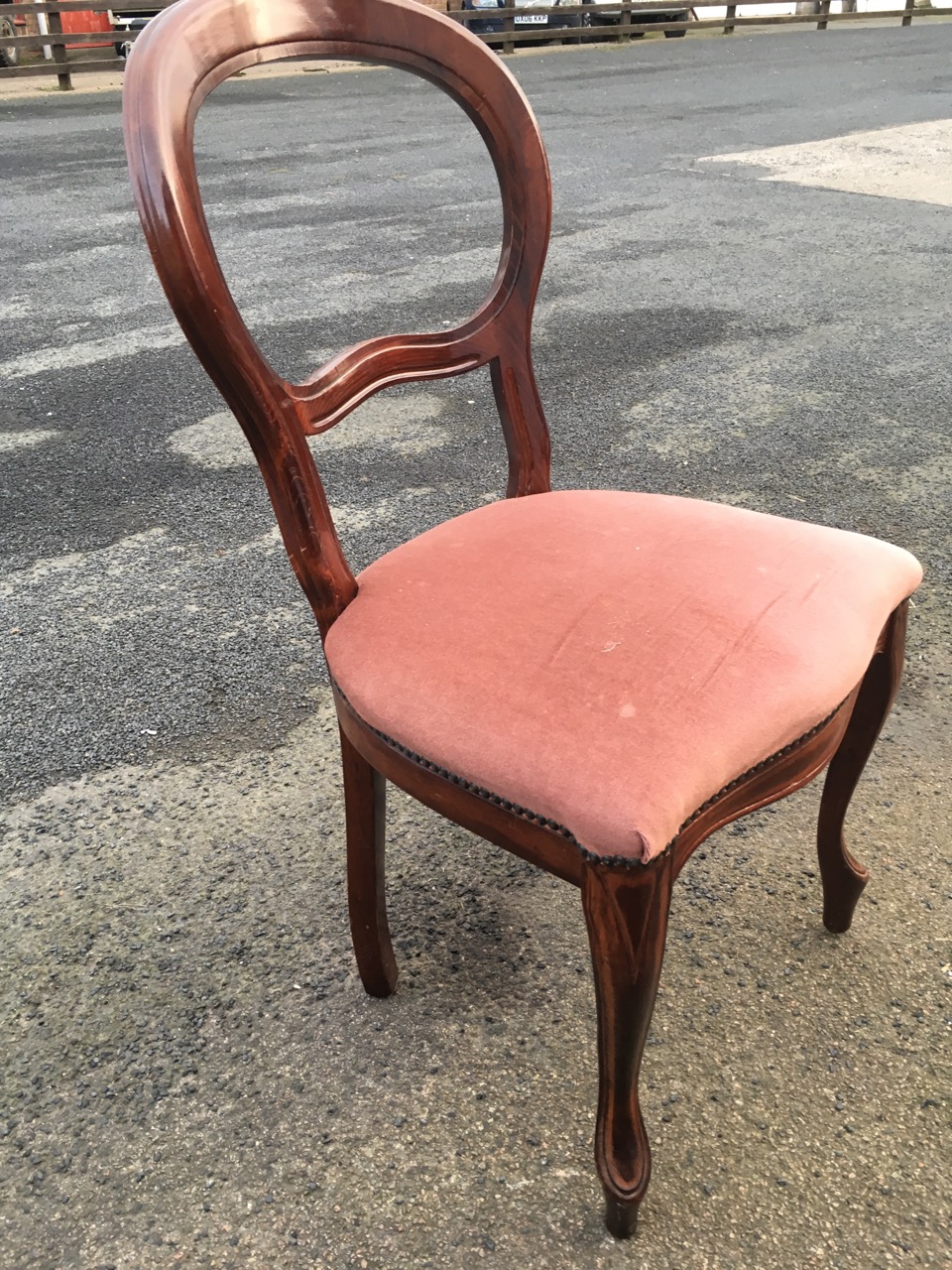 A set of four balloon back dining chairs with studded upholstered seats raised on cabriole legs. ( - Image 2 of 3