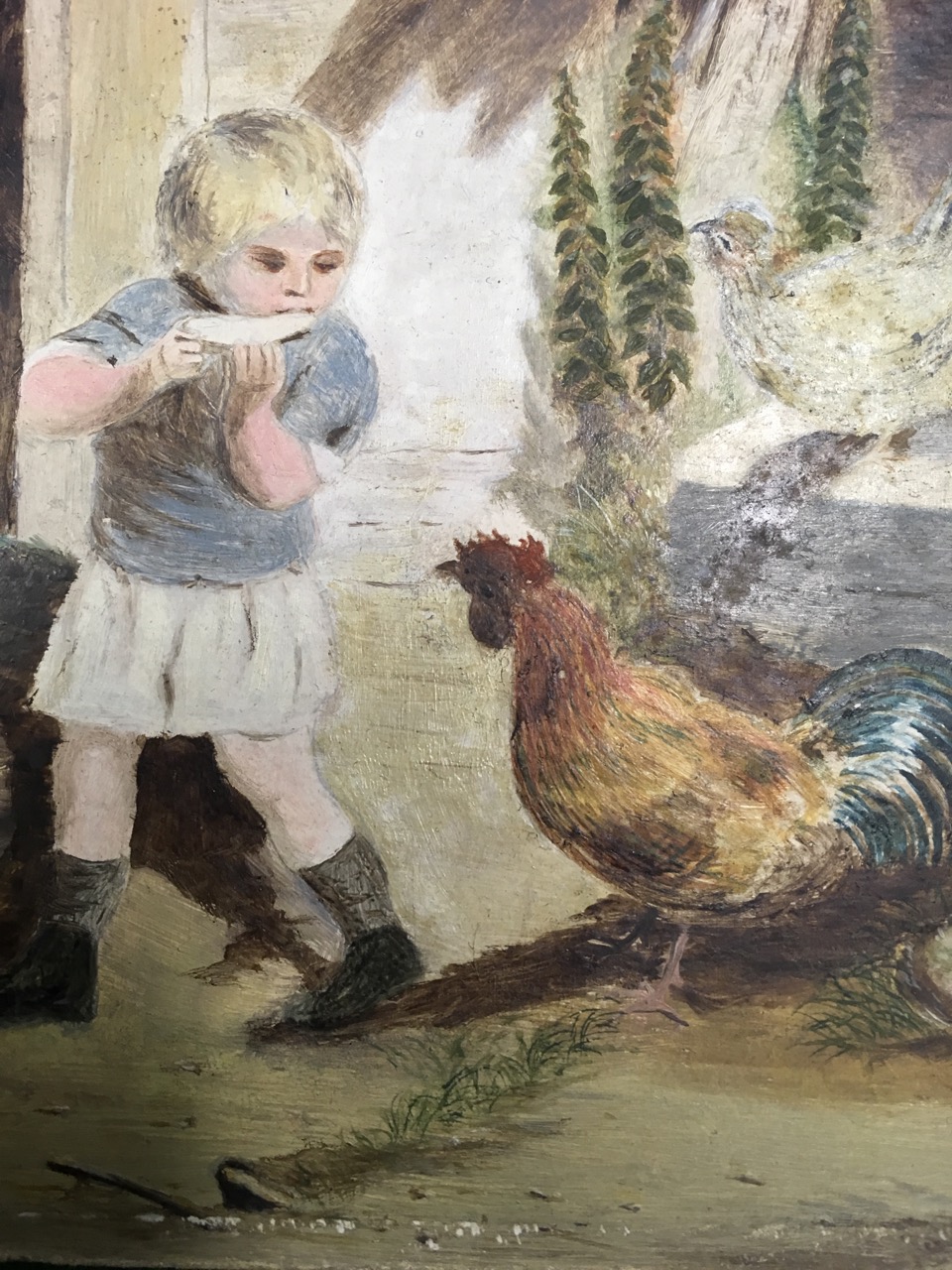 Oil on board, study of a child with chickens outside barn, on George Rowney board. - Image 3 of 3