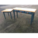 A contemporary side table & matching occasional table, with hardwood tops on blue painted square