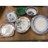 Miscellaneous ceramics including Wedgwood green leaf moulded plates, a graduated pair of blue &