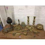 A Victorian oil lamp with blue glass reservoir and tall chimney; and a quantity of brass including a