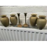 A set of four Hillstonia stoneware ovoid vases with flared rims; and a pair of weighted brass