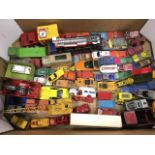 A box of toy cars, lorries, tractors, including Matchbox, Tonga, Corgi, Dinky, etc. (60+)