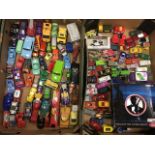 Two boxes of Dinky, Matchbox, Corgi model cars, trucks, motorbikes, lorries, etc., including a boxed