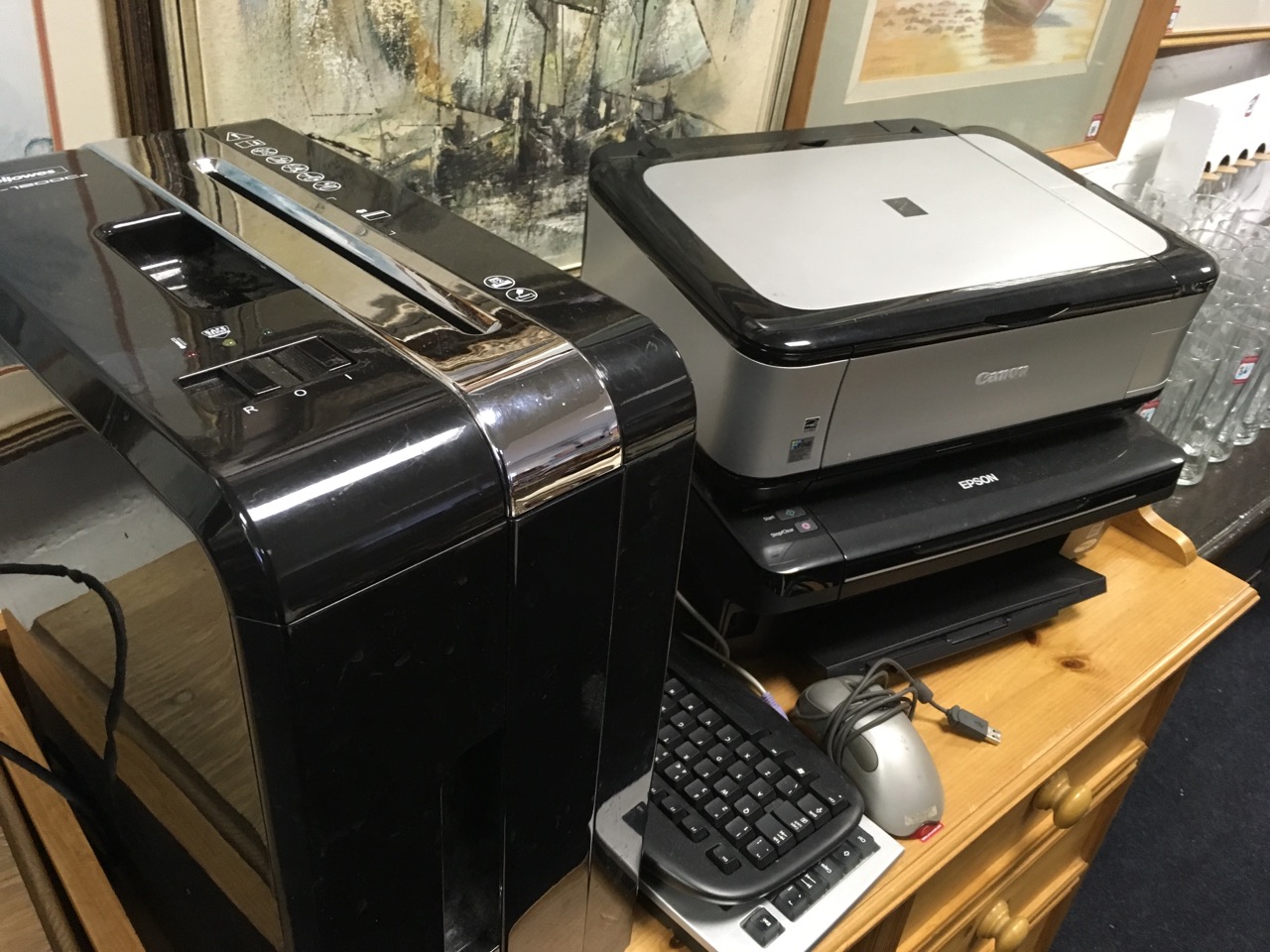 An Epson Stylus SX218 printer/copier; a large Fellows paper shredder; two computer keyboards; a - Image 3 of 3