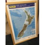 A large Philips map of New Zealand in contemporary frame; and a framed German map of the Alps. (2)