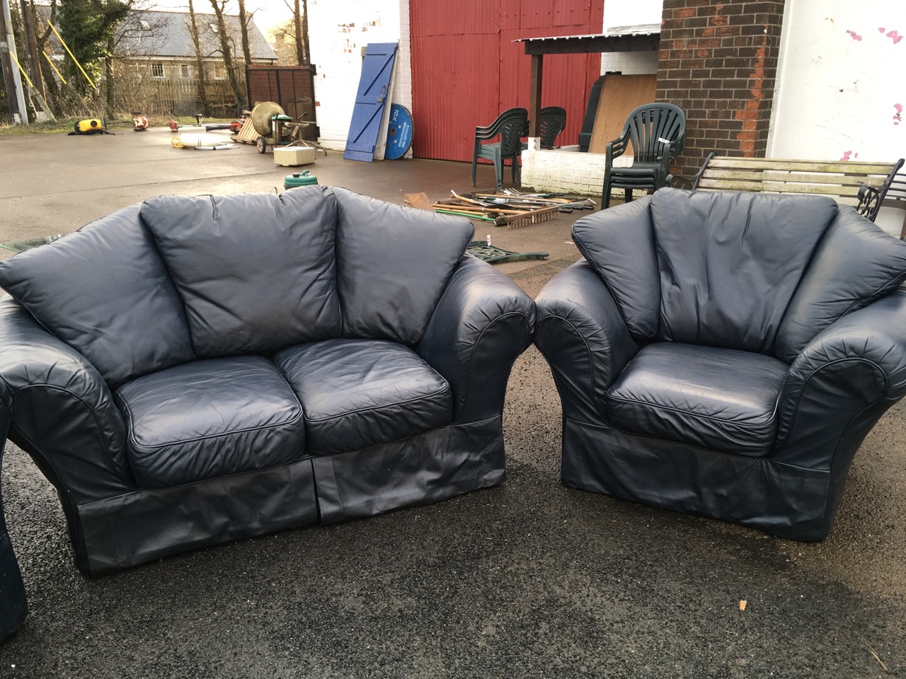 A leather three-piece suite, with three-seater and two-seater sofas and an armchair, all with - Image 3 of 3