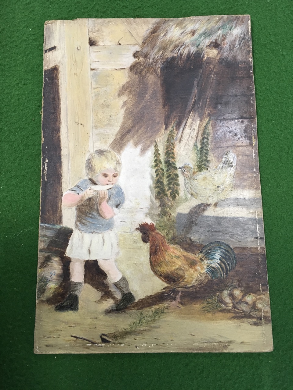 Oil on board, study of a child with chickens outside barn, on George Rowney board.