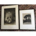 Bernard Eyre, a signed etching depicting animals approaching stable with trees, mounted & framed;