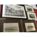 A pair of gilt framed hunting prints; a pair of framed hand coloured steel engravings of