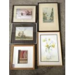 Various framed pictures including a floral watercolour, a Farquharson print, an Arnold Berry Lewes