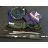 A landing net and keepnet in bag with various aluminium stake poles/handles; a folding fishermans