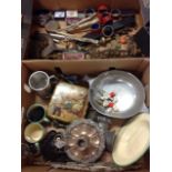 Miscellaneous items including a Huntley & Palmers tin, a metranone, silver plate, enamelled