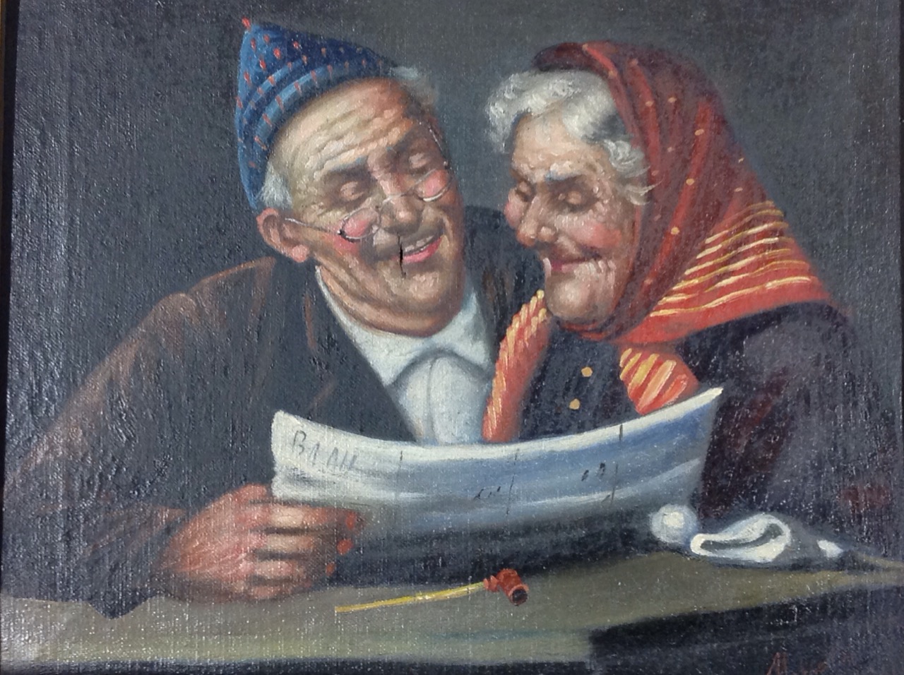 European school, oil on canvas, elderly couple reading, signed indistinctly, gilt framed. (9.5in x