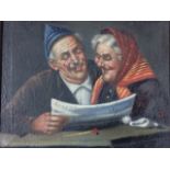 European school, oil on canvas, elderly couple reading, signed indistinctly, gilt framed. (9.5in x