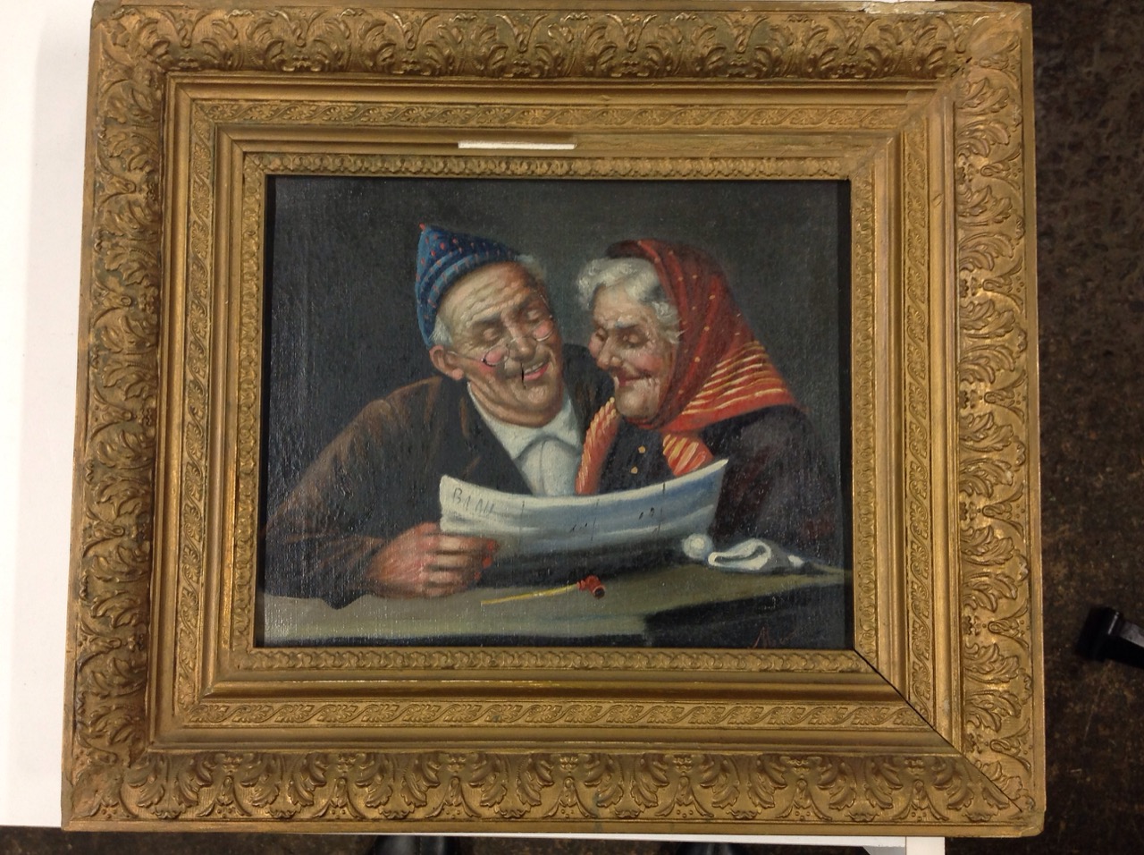 European school, oil on canvas, elderly couple reading, signed indistinctly, gilt framed. (9.5in x - Image 2 of 3