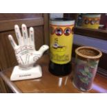 A ceramic palmistry hand with crackle glaze decoration; a handpainted signed studio pottery vase;