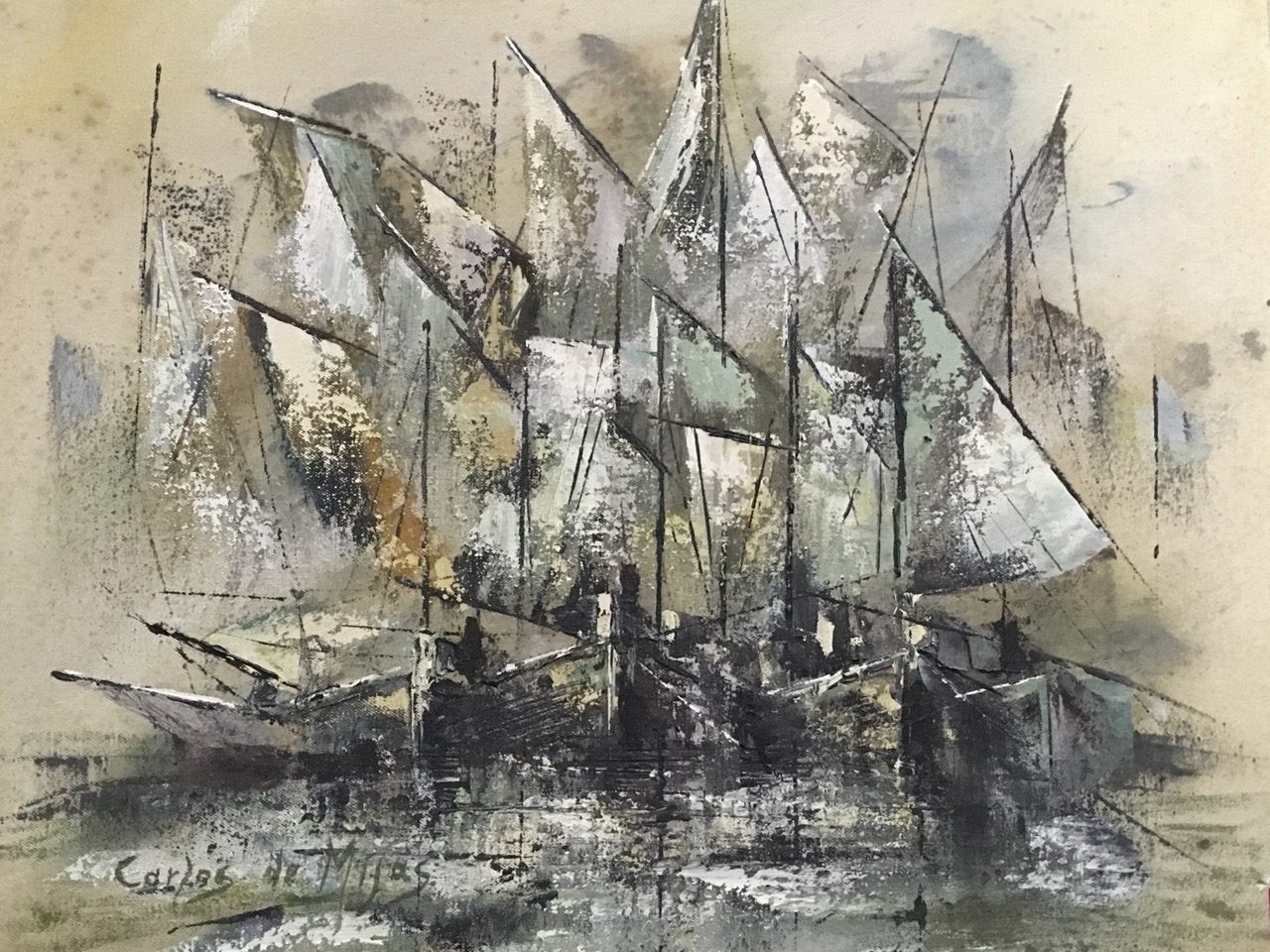 Carlos de Mijas, oil on canvas, laid on board, 60s stylised sailing boats, signed & framed; and an - Image 3 of 3