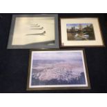 A framed photograph of four Concordes in flight; a numbered & signed print depicting a birds eye