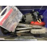 A box of tools - drills, nuts & bolts, wire, electrical bits & pieces, stone polish and cleaner,