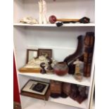 Miscellaneous items including frames, a pair of carved mahogany supports, an early pot, a pair of