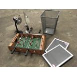 Miscellaneous items - a small table-top football game, two tablelamps, a waste paper bin, and a pair