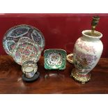 A Chinese famile rose married trio on stand, decorated in the Canton palette; a square Noritake