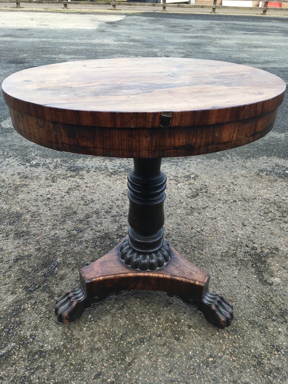 A circular Victorian rosewood occasional table, the drum top on turned column above a triangular - Image 2 of 6