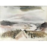 Klaus Meyer-Gasters, coloured landscape print with road descending, gilt framed. (16.5in x 12.5in)