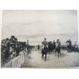 Herbert Kuron, etching, horse racing scene with crowd on rail, signed in pencil on margin,