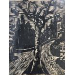 Emil Bizer, woodcut, tree and path, signed with monogram in pencil on margin and indistinctly