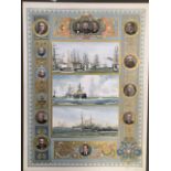 A Victorian plate with three Wyllie coloured prints commemorating the 1855 Naval Review, the