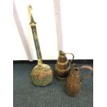 Two antique oak pitchers of barrel construction with brass & copper mounts; and a Victorian brass