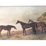 Coloured print of three horses in extensive landscape, signed in pencil indistinctly, mounted & gilt