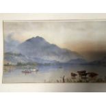 A large Victorian lake landscape print, with cattle in foreground and boats crossing the water,
